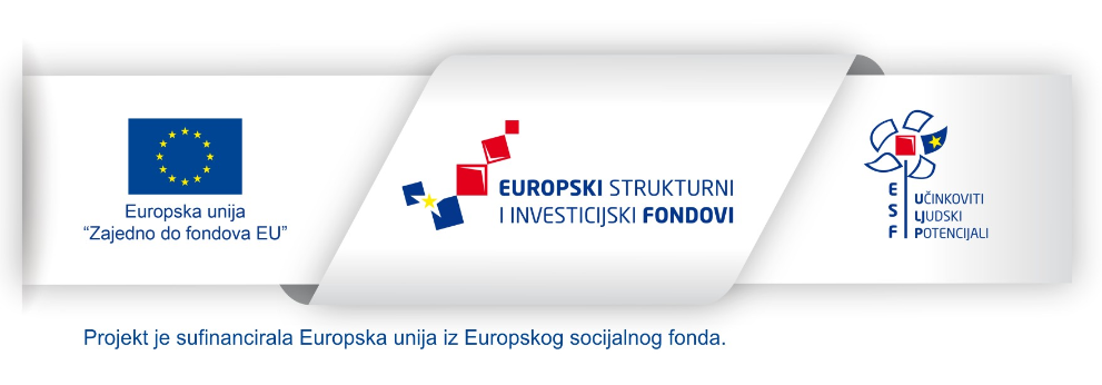 Slika prikazuje lentu Europskog socijalnog fonda s logom Europske unije, Europskih strukturnih i investicijskih fondova te Europskog socijalnog fonda, ispod koje se nalazi natpis "Projekt je sufinancirala Europska unija iz Europskog socijalnog fonda".